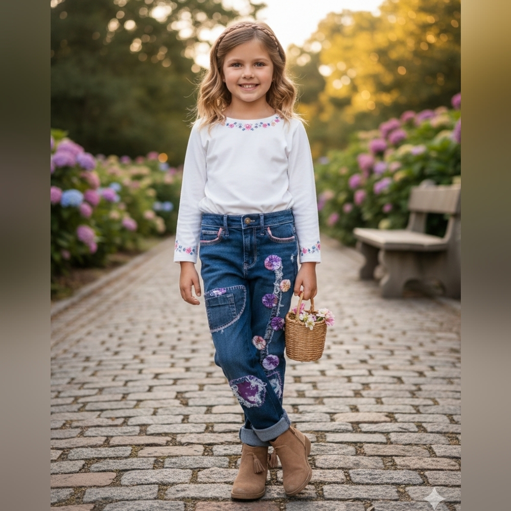 Upcycled GIRLS Denim Blue Jeans with Tye-Dye Flowers Pockets Emboirdery